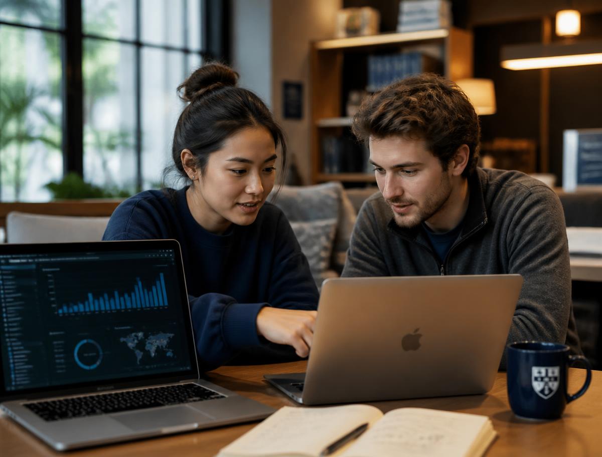 Two students reviewing analytics dashboards