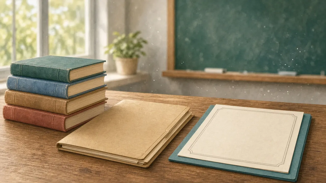 Calm educational illustration of stacked textbooks, a blank teaching credential folder, and soft chalk-dust light on a wooden desk — Georgia teacher credentialing cost theme, no people, no logos