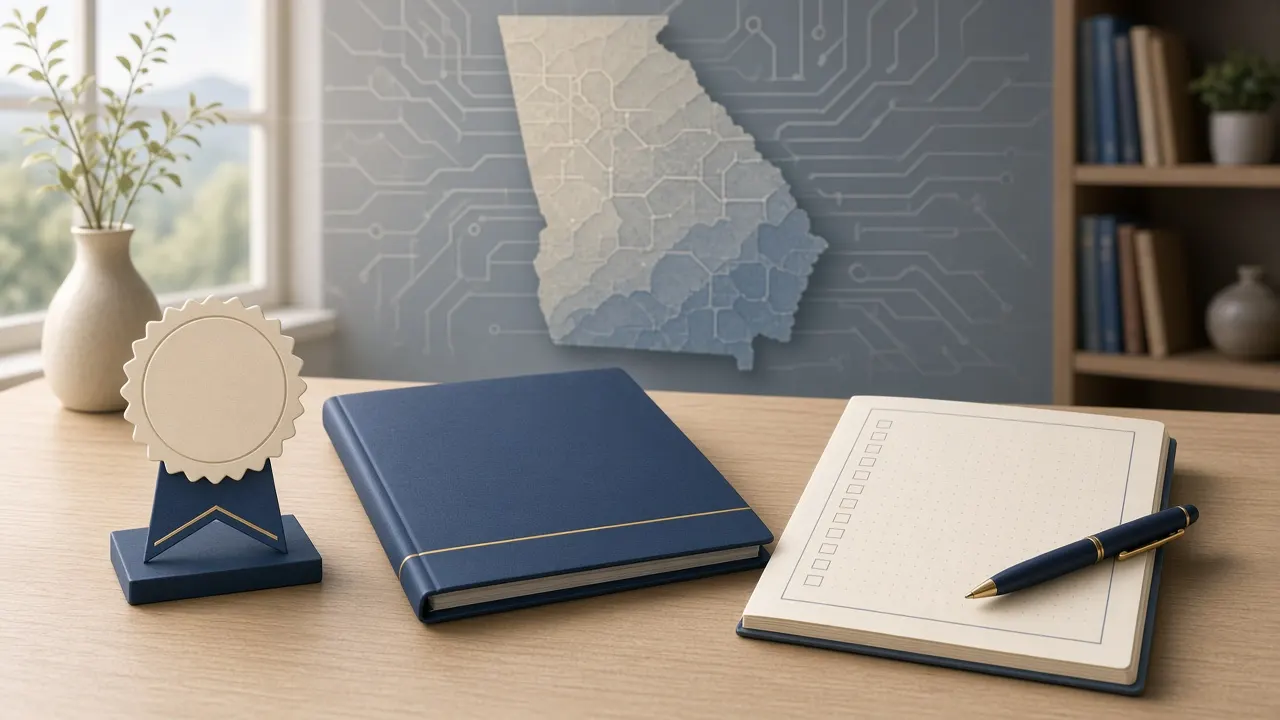 Calm educational illustration comparing a blank IT certification badge and a closed degree folder beside soft abstract circuit shapes on a clean desk — Georgia IT ROI theme, no people, no logos