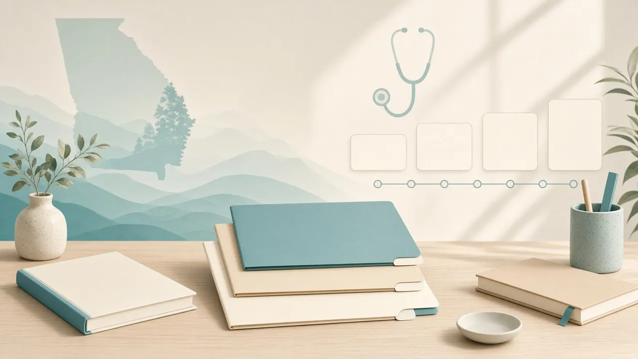 Calm educational illustration of blank allied-health credential folders and soft clinical study materials on a quiet desk — Georgia healthcare career ROI theme, no people, no logos