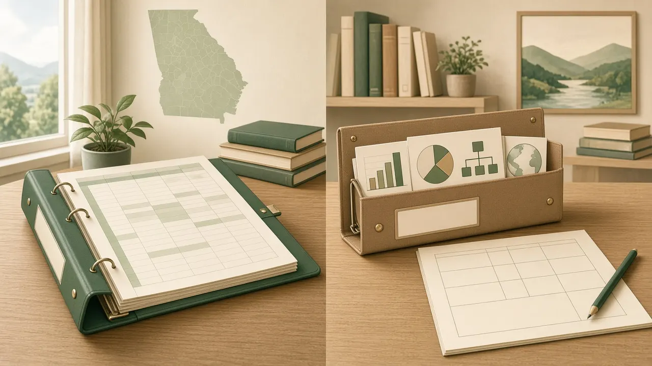 Calm educational illustration comparing an accounting ledger folder and a general business binder on a clean study desk — Georgia major choice cost theme, no people, no logos