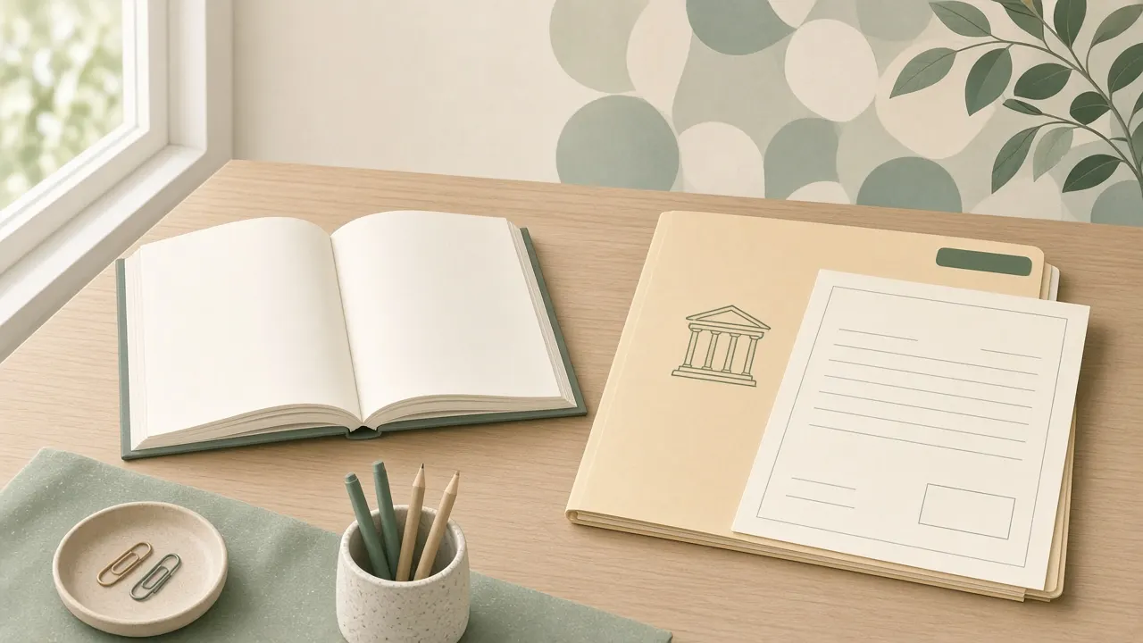Calm educational illustration of a social-work textbook, blank licensure folder, and soft community-care motifs on a wooden desk — Georgia social work cost theme, no people, no logos