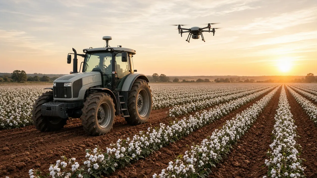 Modern tractor with GPS guidance and a drone above rows of Georgia crops at sunrise