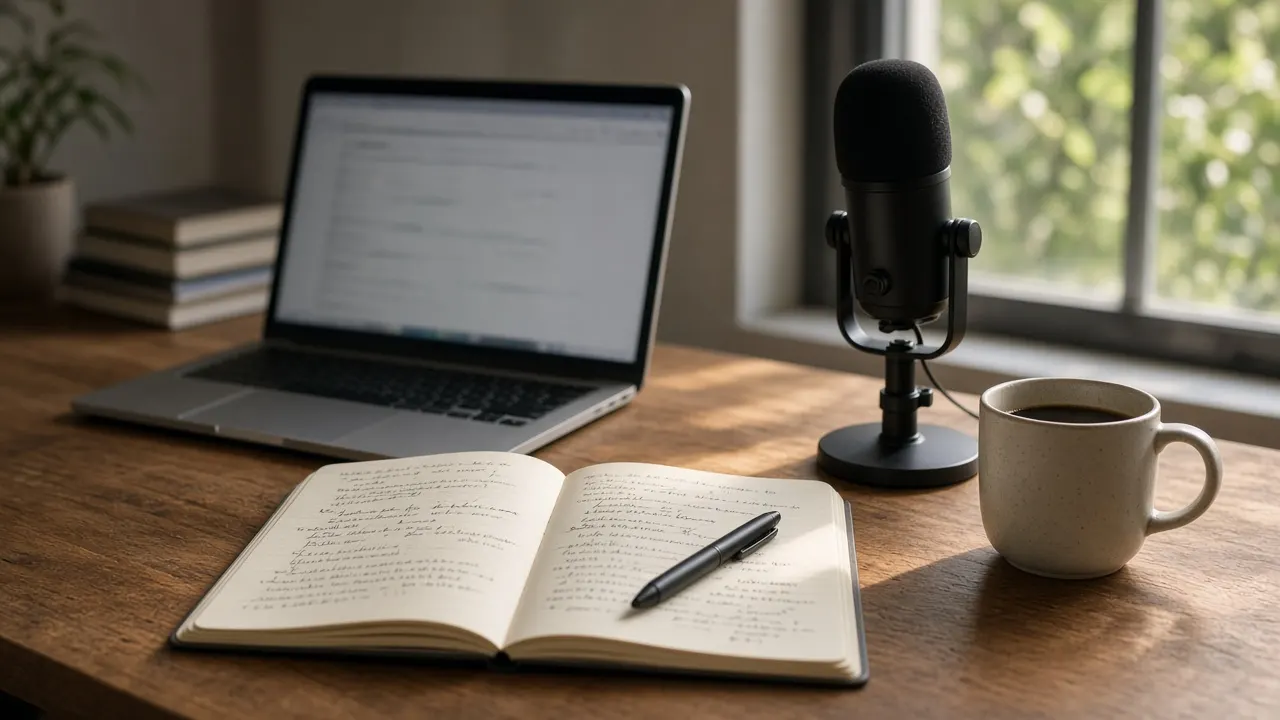 Communications workspace with a laptop, notebook of drafts, microphone and coffee by a sunlit window