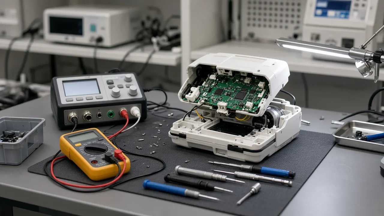 Biomedical technician's bench with an infusion pump opened for service, test analyzer and precision tools