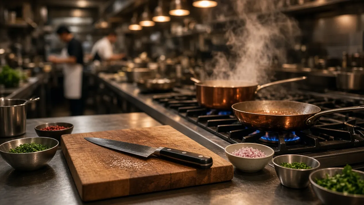 Professional kitchen line with a chef's knife, mise en place and steam from the stove