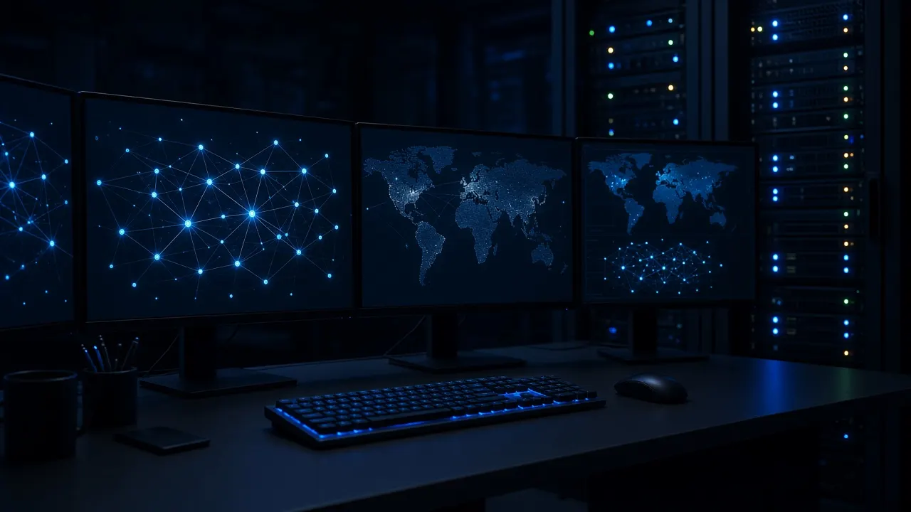 Security operations workstation with network dashboards and a server rack glowing in a dim room