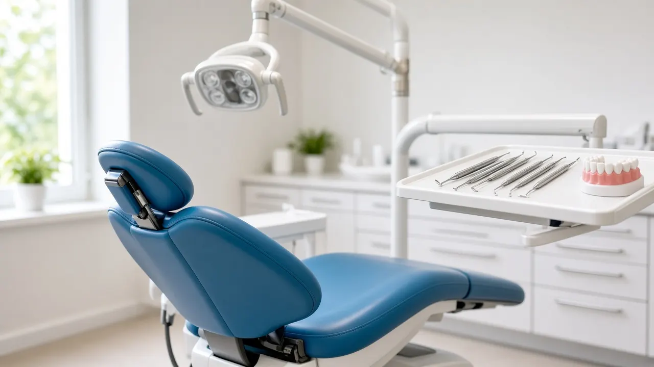 Dental hygiene operatory with a reclined patient chair, overhead light and polished instruments on a tray