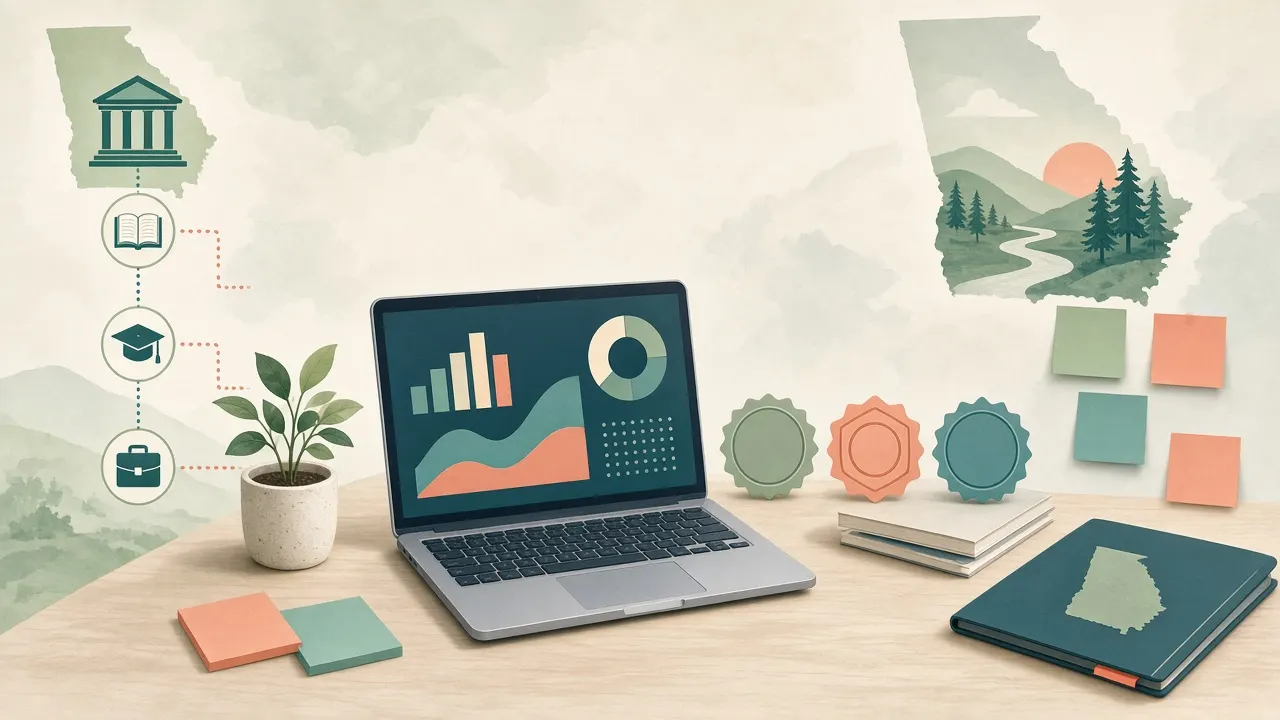 Calm educational illustration of a laptop showing abstract analytics shapes beside blank industry cert badges and a degree folder — Georgia digital marketing career ROI theme, no people, no logos
