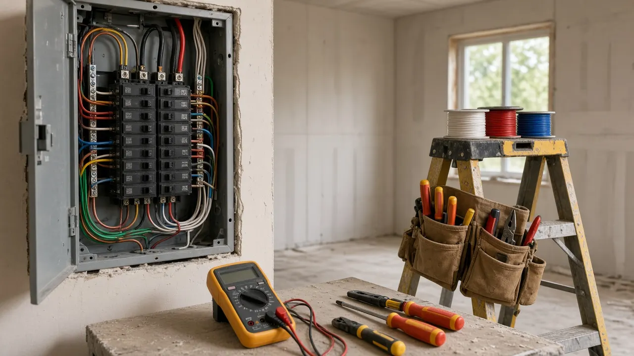 Electrician's open breaker panel with insulated tools, wire spools and a voltage tester