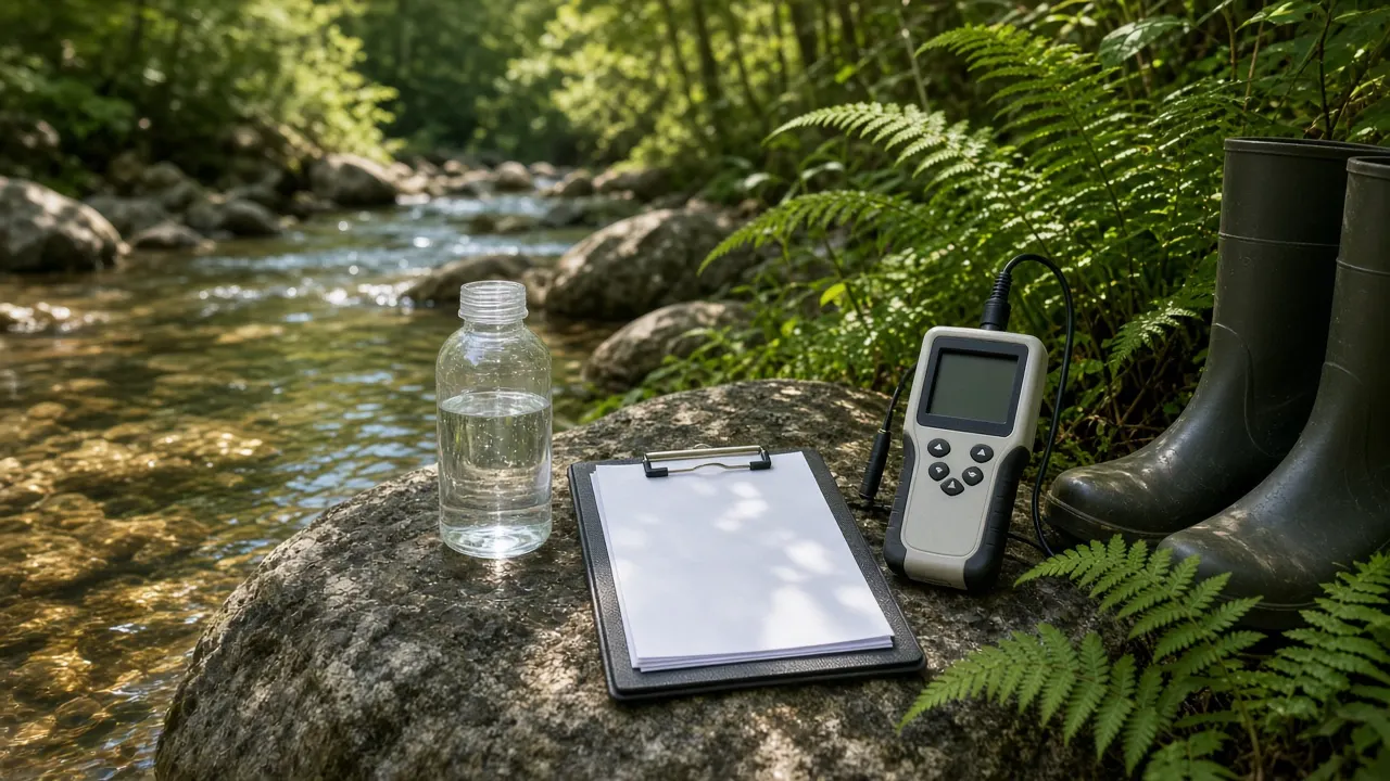 Environmental field kit with a water sampling bottle and clipboard beside a Georgia creek