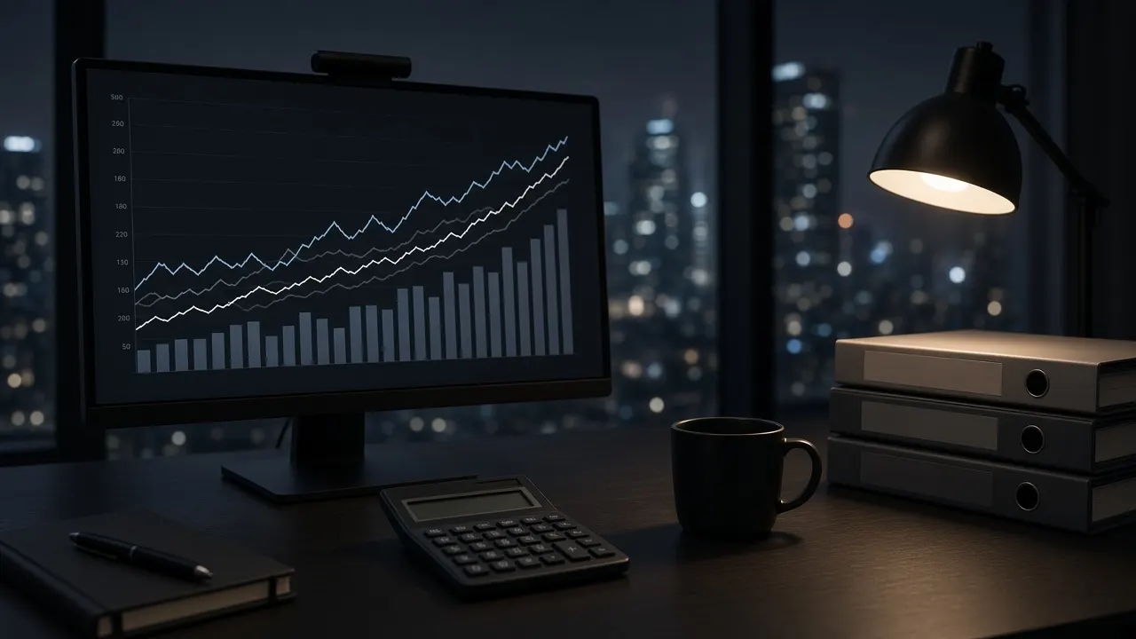 Finance study desk with financial charts on a monitor, calculator and exam prep binders