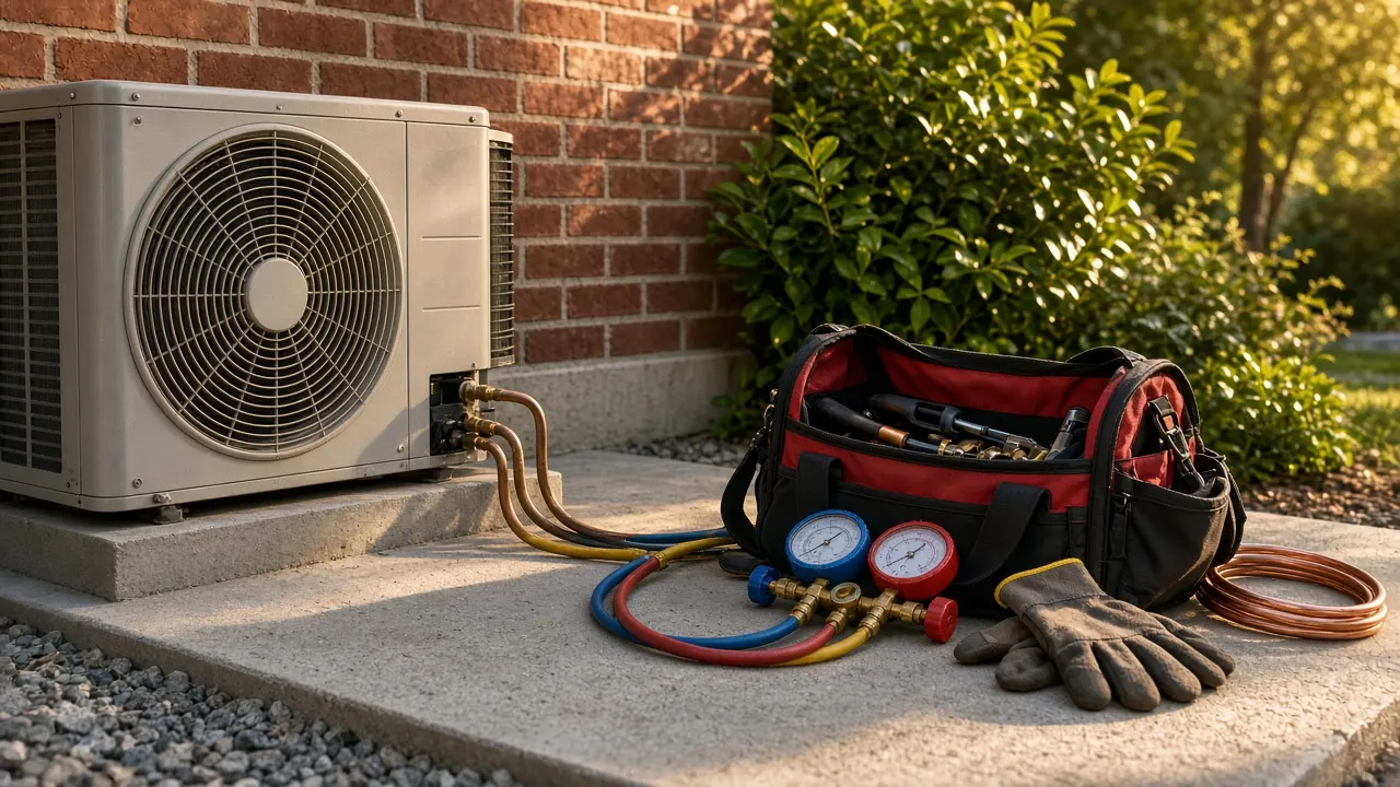 HVAC technician's tools beside a residential condenser unit with gauges and copper line set