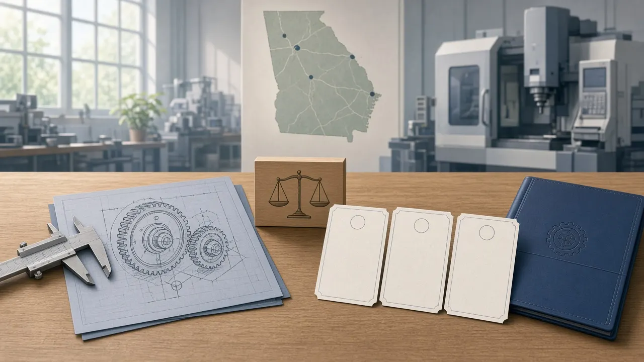Calm educational illustration of industrial tools and blank certification cards beside a degree diploma folder on a clean workbench — Georgia industrial technology ROI theme, no people, no logos
