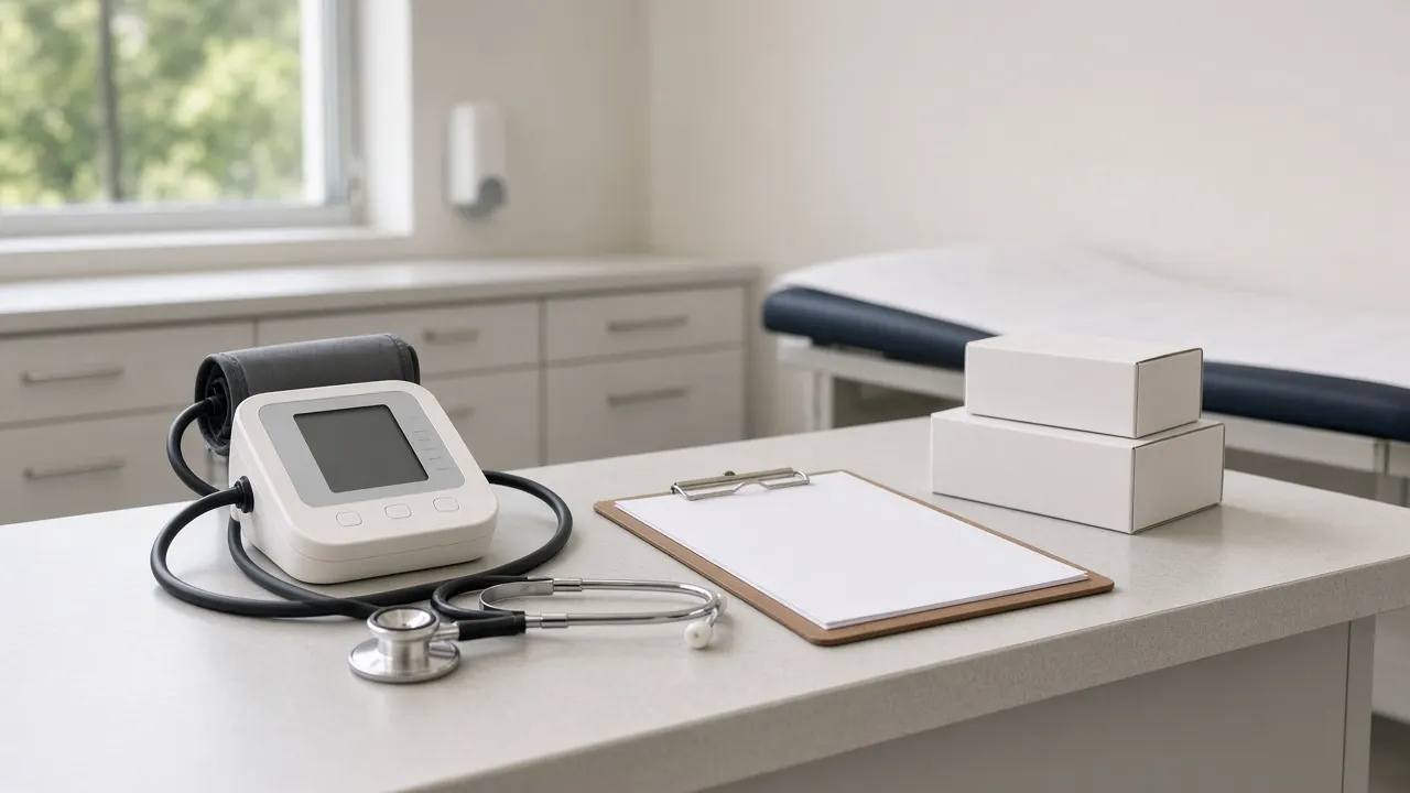 Medical assisting exam room with a blood pressure cuff, clipboard, stethoscope and sterile supplies on a counter
