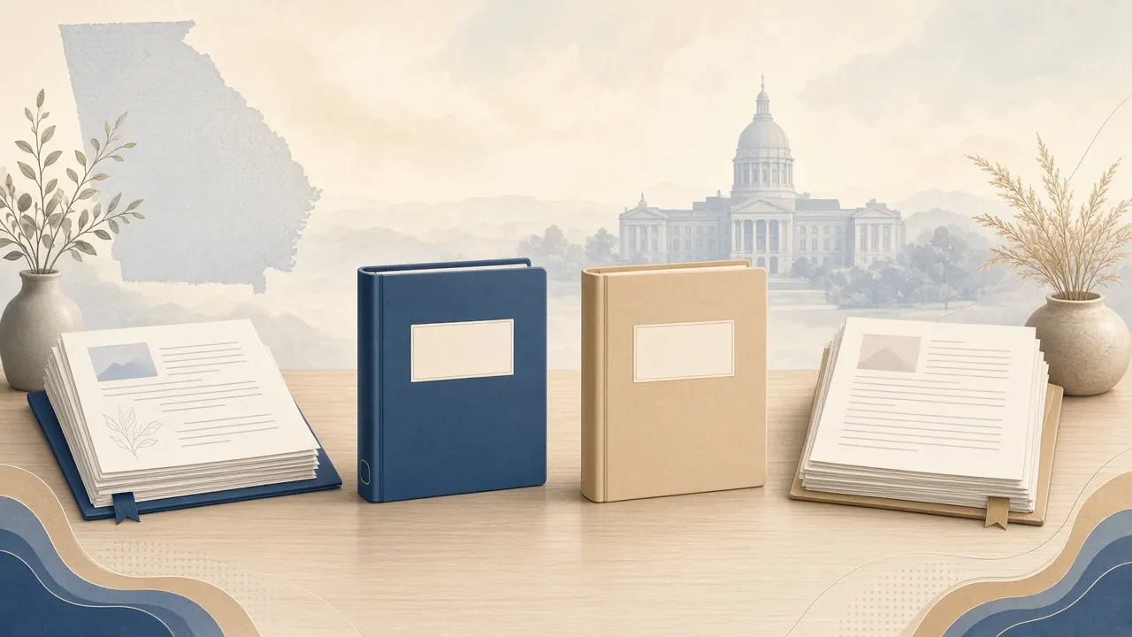Calm educational illustration of two blank graduate folders — MPA and master's — beside soft civic policy documents on a quiet desk — Georgia public policy career ROI theme, no people, no logos