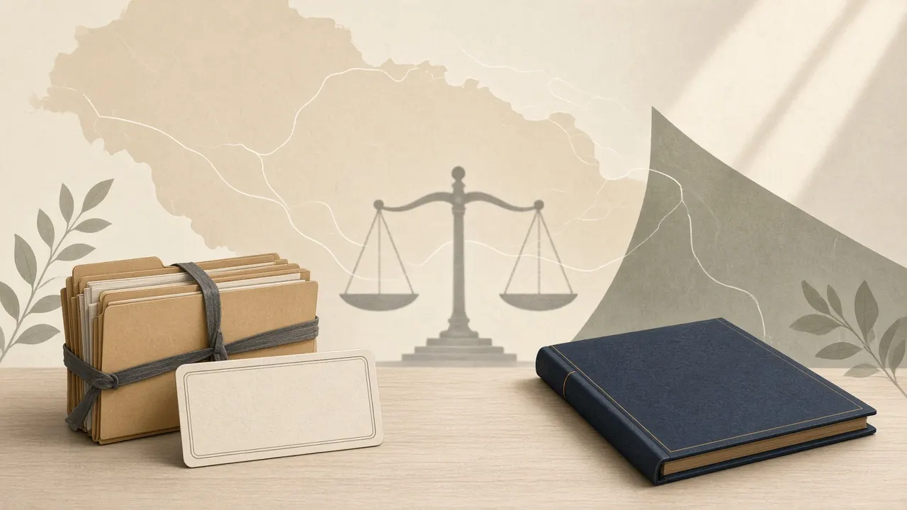 Calm educational illustration of legal case folders and a blank paralegal credential card beside a bachelor's degree folder — Georgia legal support career ROI theme, no people, no logos