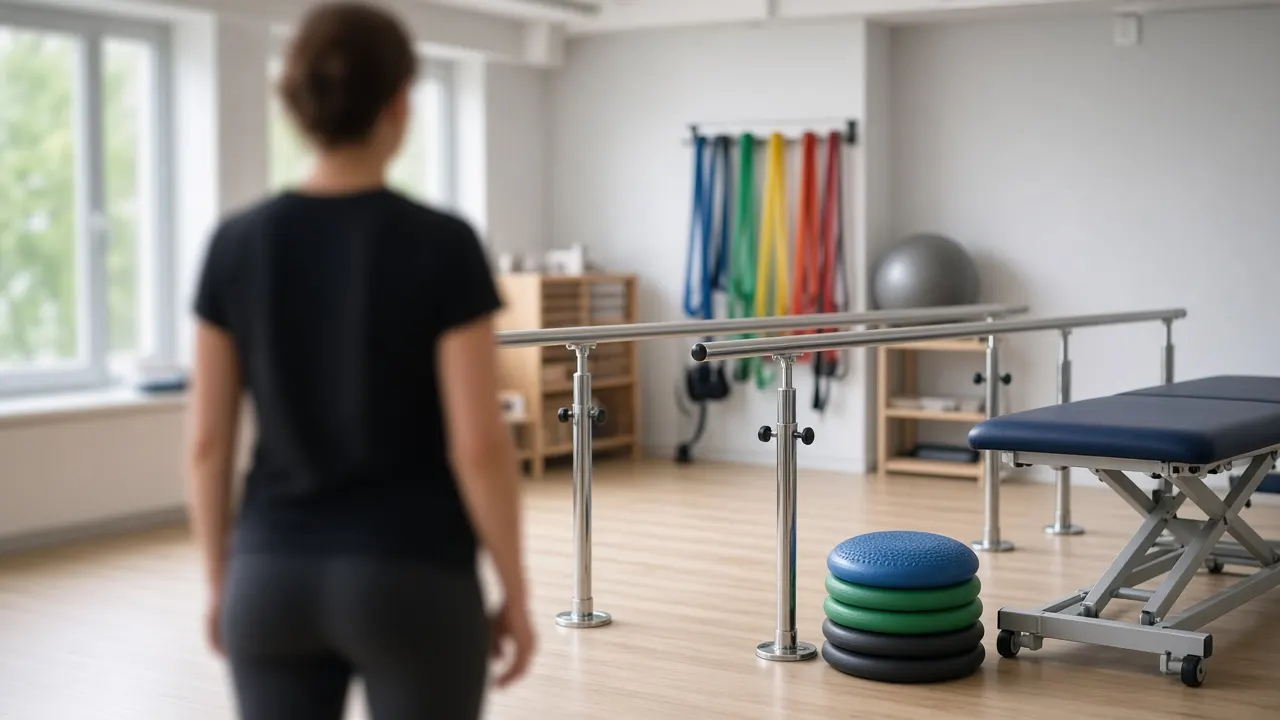 Physical therapy clinic with parallel bars, resistance bands, a treatment table and balance equipment in soft morning light