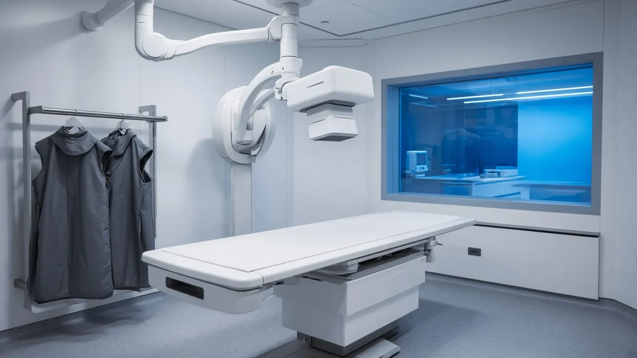 Radiology suite with an X-ray table and overhead imaging tube in cool clinical light