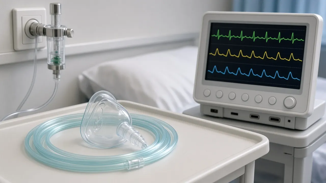 Respiratory therapy equipment with a ventilator, oxygen flowmeter and nebulizer at a hospital bedside