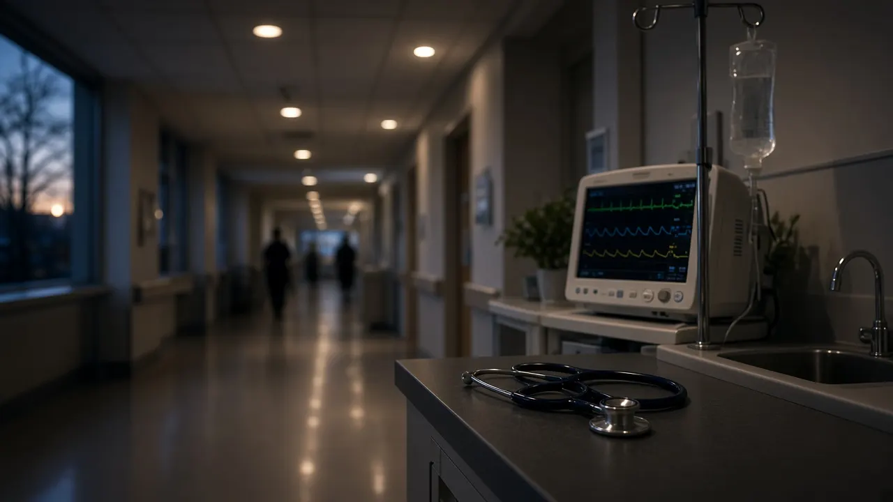 Hospital nursing station with an IV pole, patient monitor and stethoscope on a quiet evening shift
