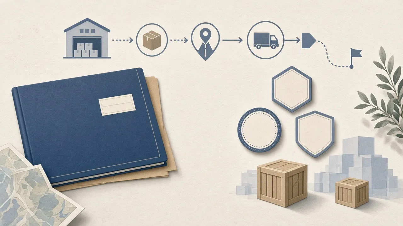 Calm educational illustration of a degree folder and blank supply-chain credential badges beside abstract logistics route shapes — Georgia SCM ROI theme, no people, no logos