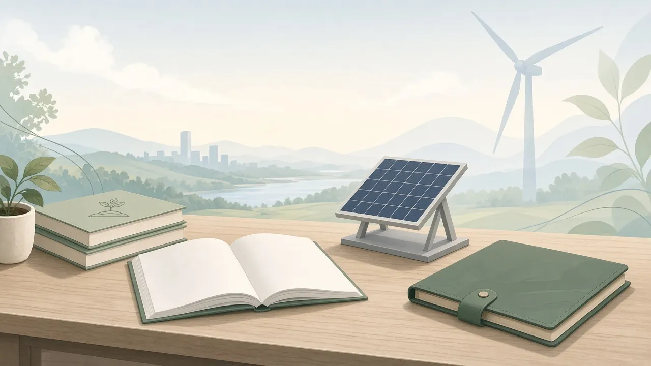 Calm educational illustration of blank renewable-energy training materials beside soft solar panel and wind shapes on a clean worktable — Georgia green career ROI theme, no people, no logos