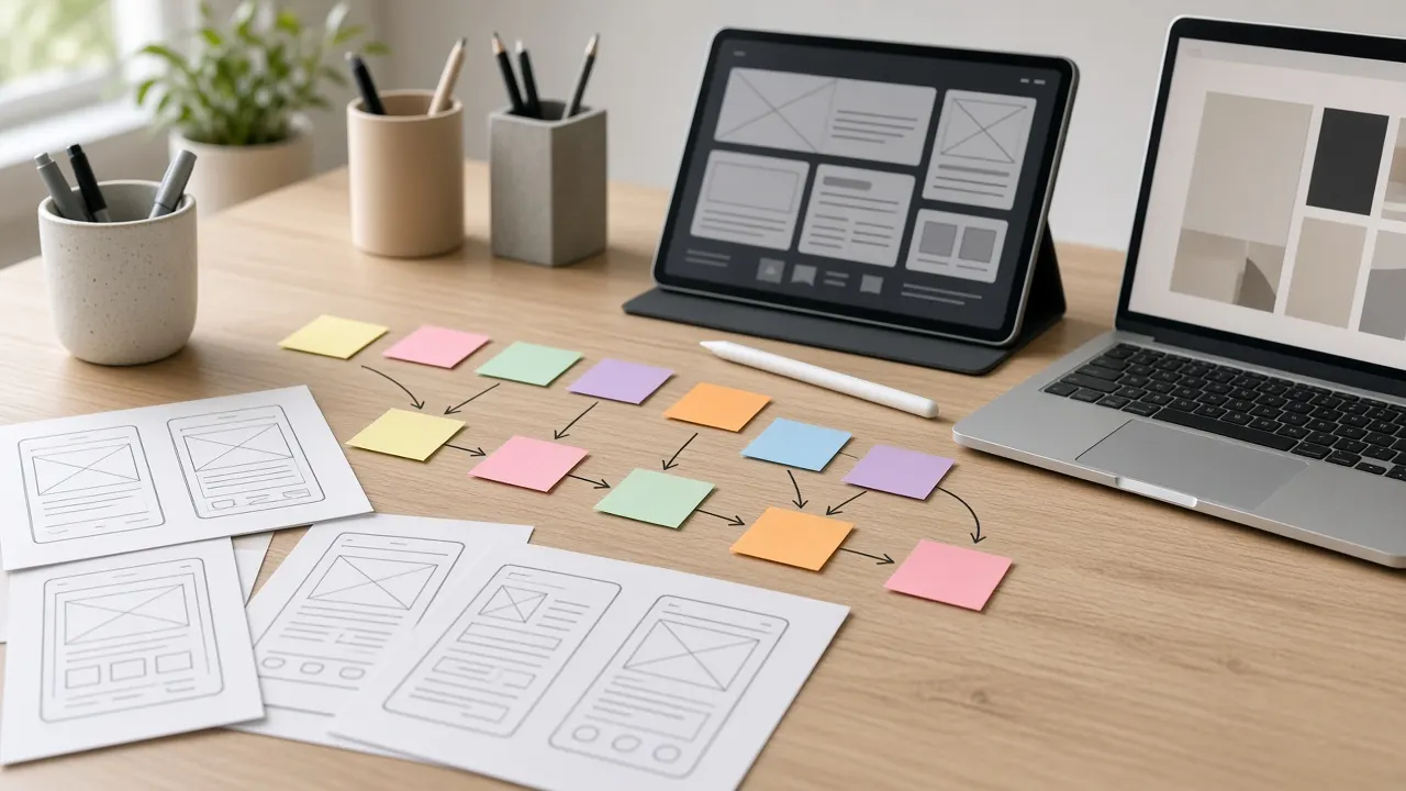 UX design desk with wireframe sketches, sticky notes and a tablet showing interface layouts
