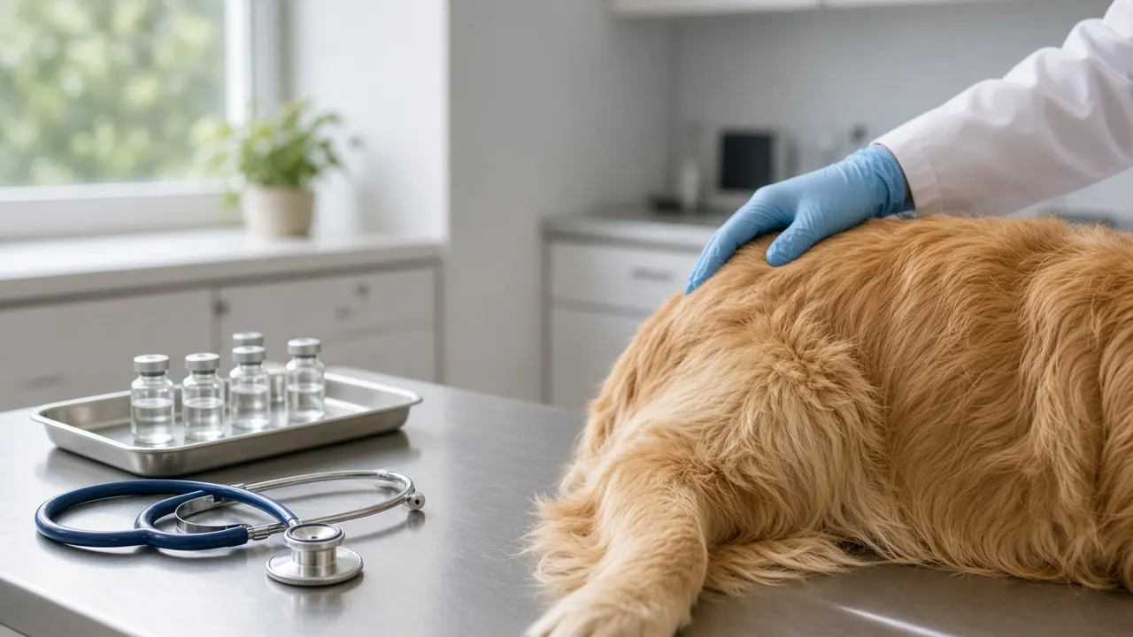 Veterinary clinic exam table with a calm dog, stethoscope and vaccination tray under soft clinic light